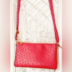 Red Faux Ostrich Crossbody Bag